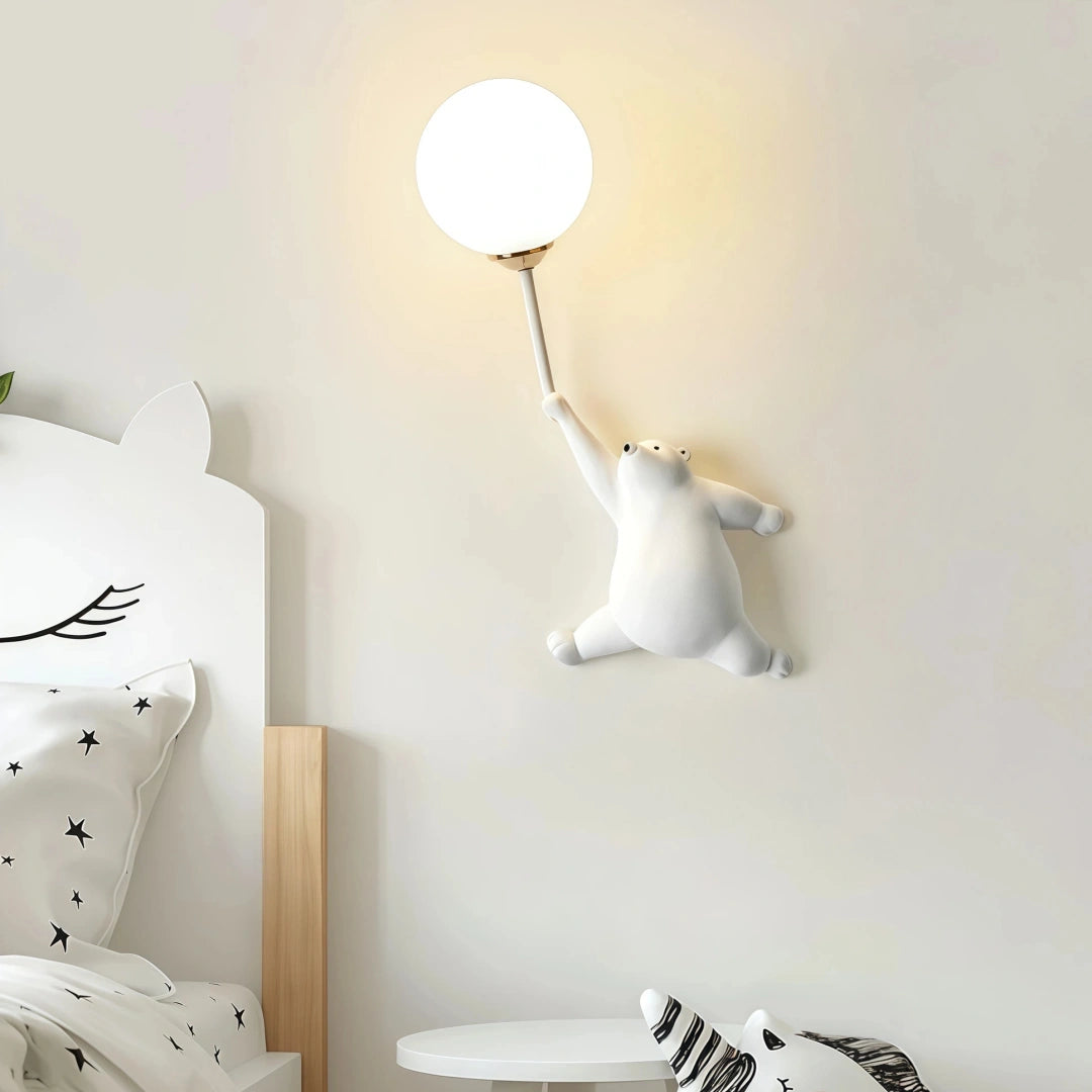 Aplique infantil moderno blanco con osito y globo, luz suave para dormitorio