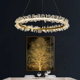 Lámpara colgante de cristal LED dorada con diseño de anillos elegante