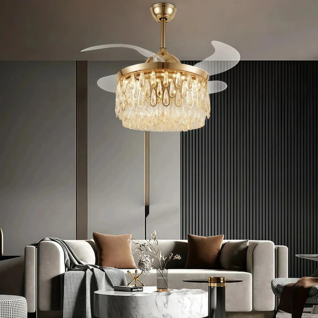 Ventilador de techo con luz LED y aspas plegables dorado con cristal Ø107 cm