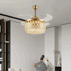 Ventilador de techo con luz LED y aspas plegables dorado con cristal Ø107 cm