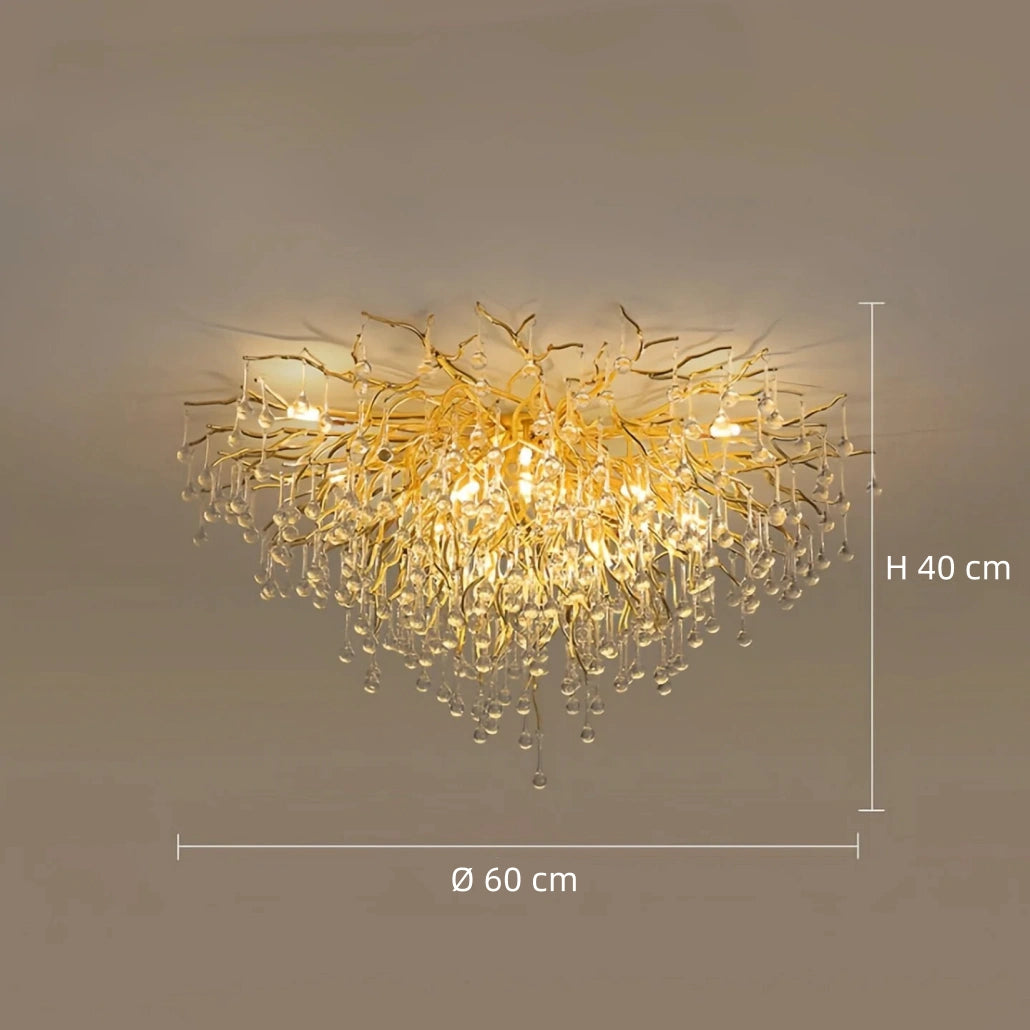 Lámpara de techo de cristal moderna dorada con diseño lágrima para salón