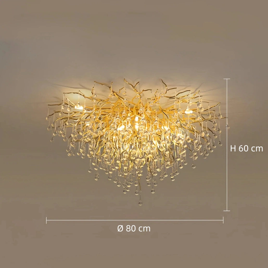 Lámpara de techo de cristal moderna dorada con diseño lágrima para salón