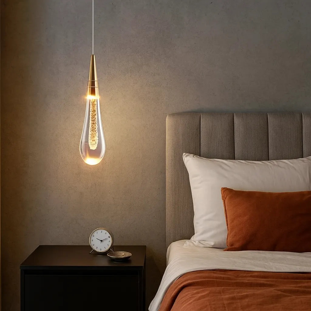 Lámpara Colgante Moderna de Cristal Forma de Gota para Cabezal de Cama