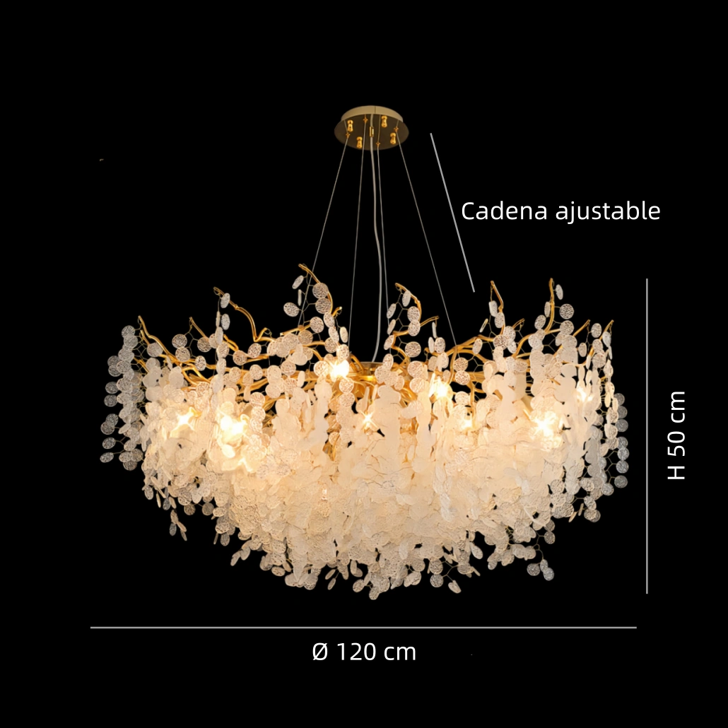 Lámpara de araña de cristal moderna dorada con LED diseño de pétalos para salón