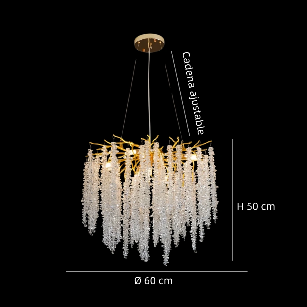 Lámpara de araña de cristal dorada elegante diseño floral para comedor