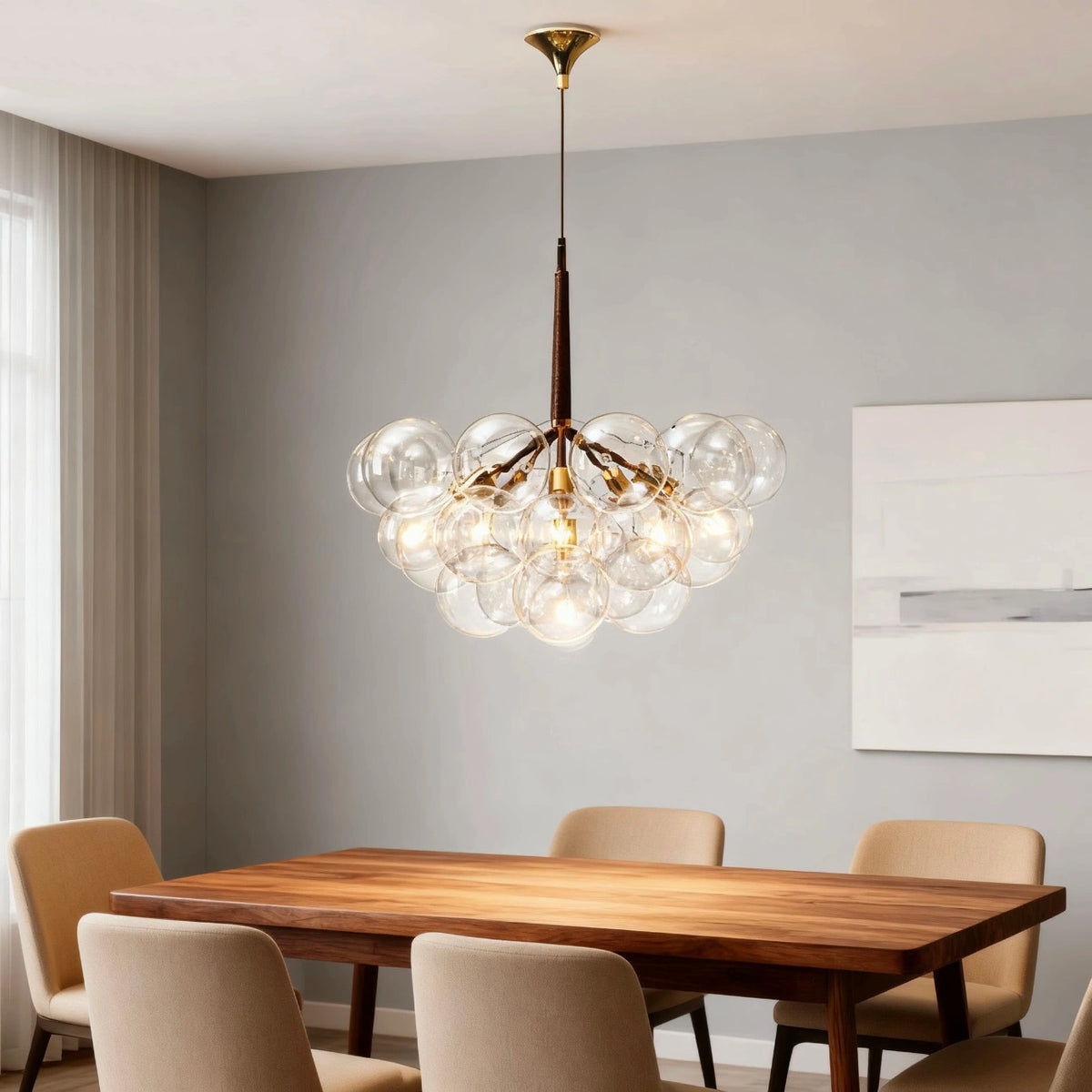 Lámpara de araña racimo moderna de vidrio regulable en altura para comedor