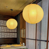 Lámpara colgante esférica de papel beige estilo Japandi, regulable en altura para el salón