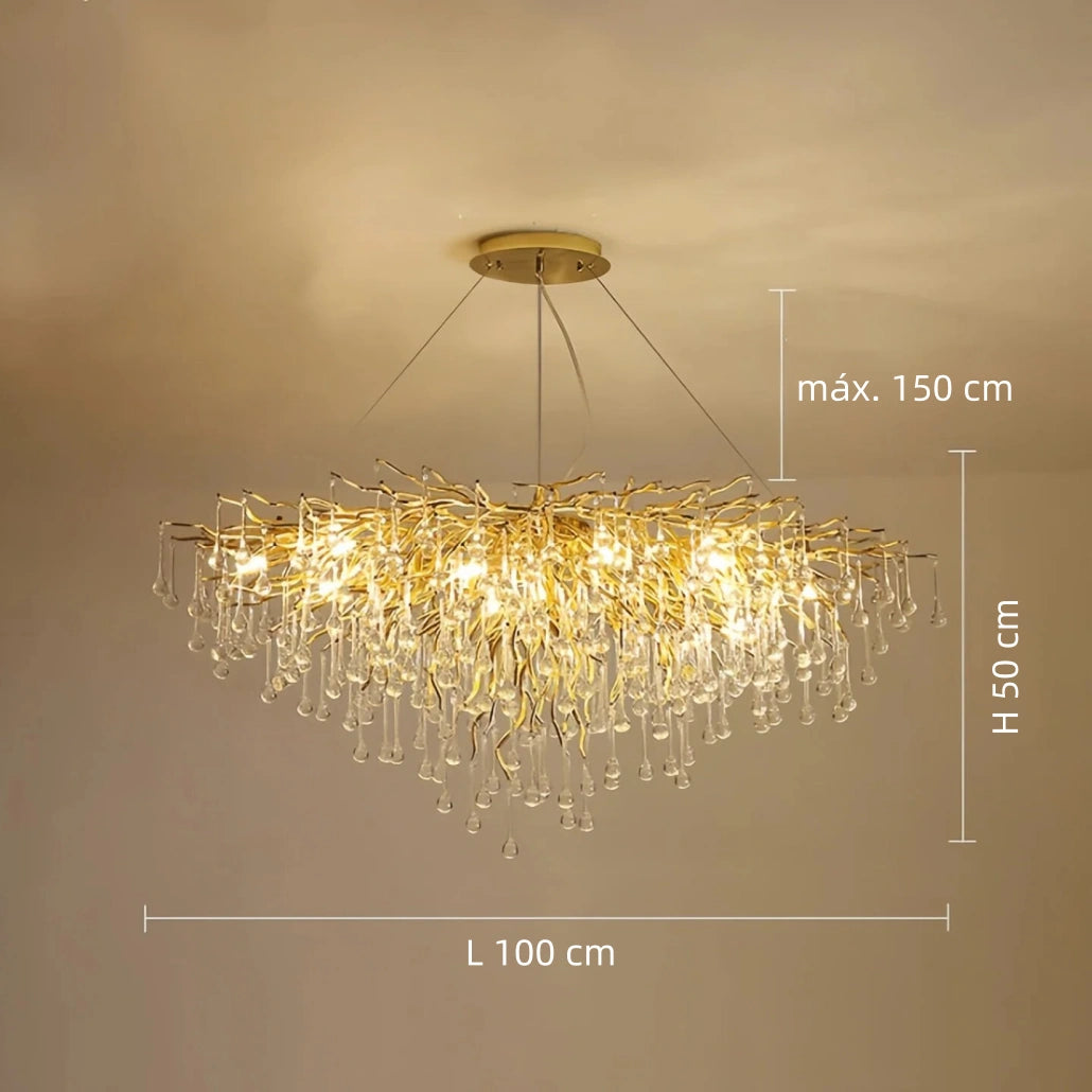 Lámpara de araña de cristal LED dorada de diseño lágrima para comedor