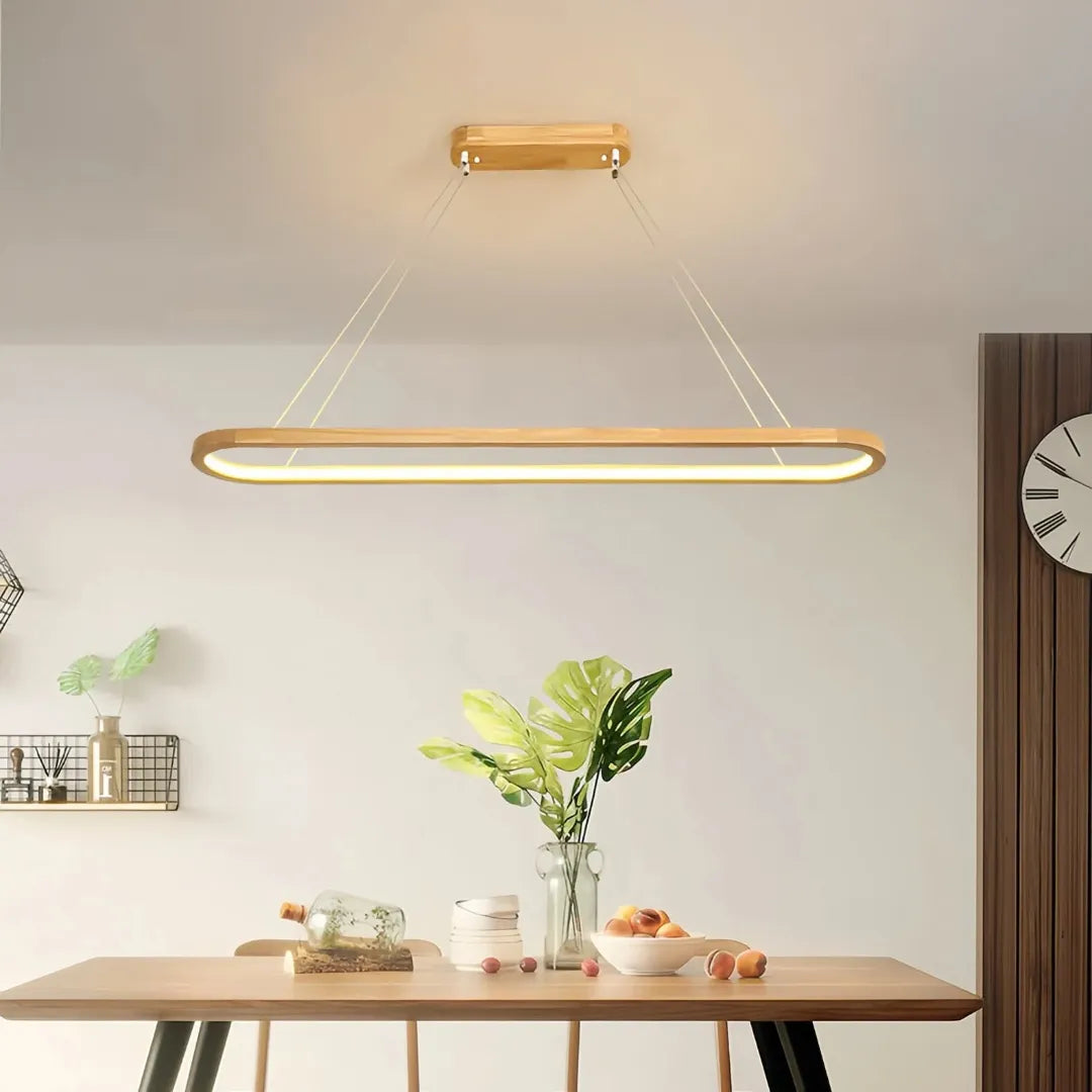 Lámpara colgante ovalada de madera estilo nórdico LED regulable para comedor
