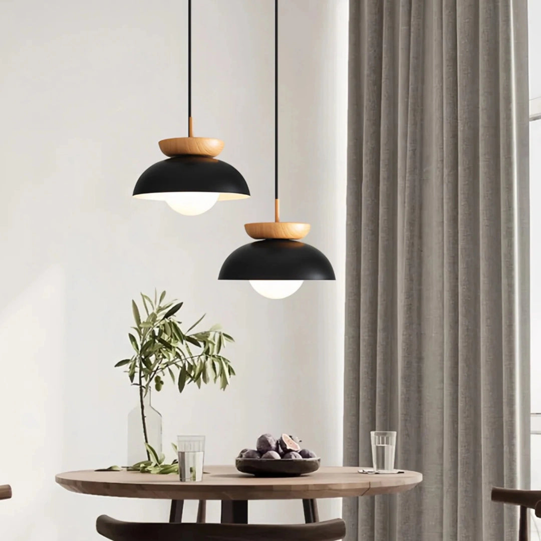 Lámpara colgante nórdica LED de hierro efecto madera para comedor
