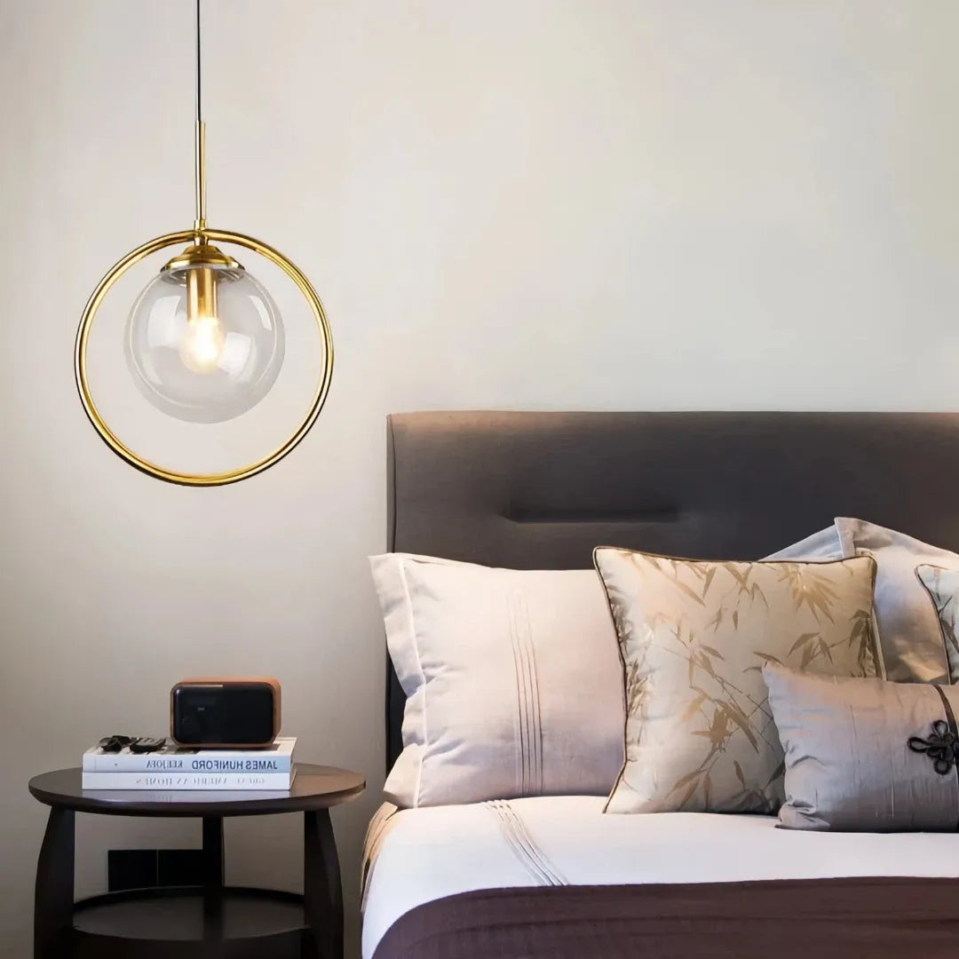 Lámpara colgante de globo de vidrio de diseño moderno con LED para mesita de noche