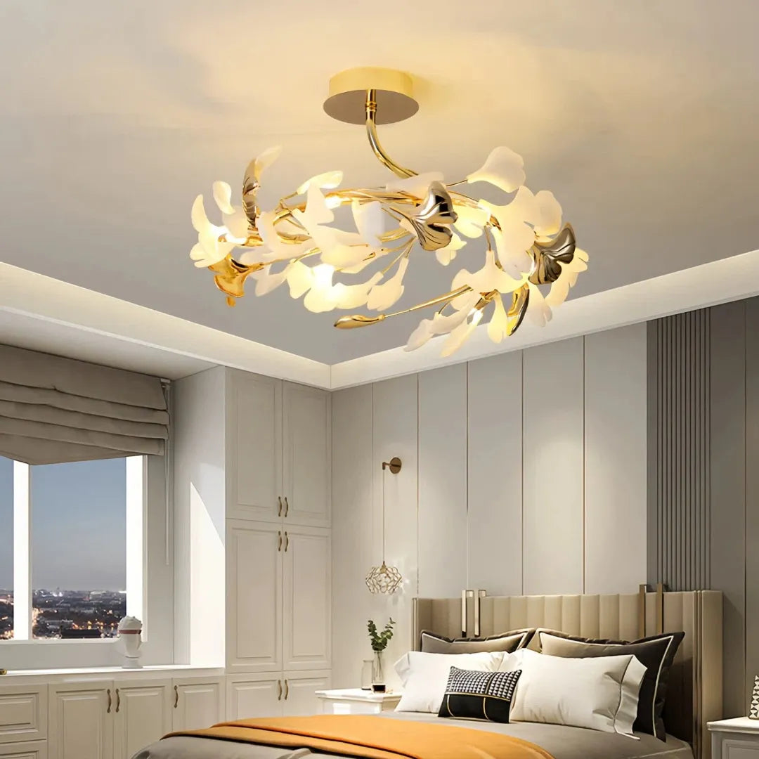 Lámpara de techo moderna de cerámica con diseño de hojas de ginkgo LED para dormitorio