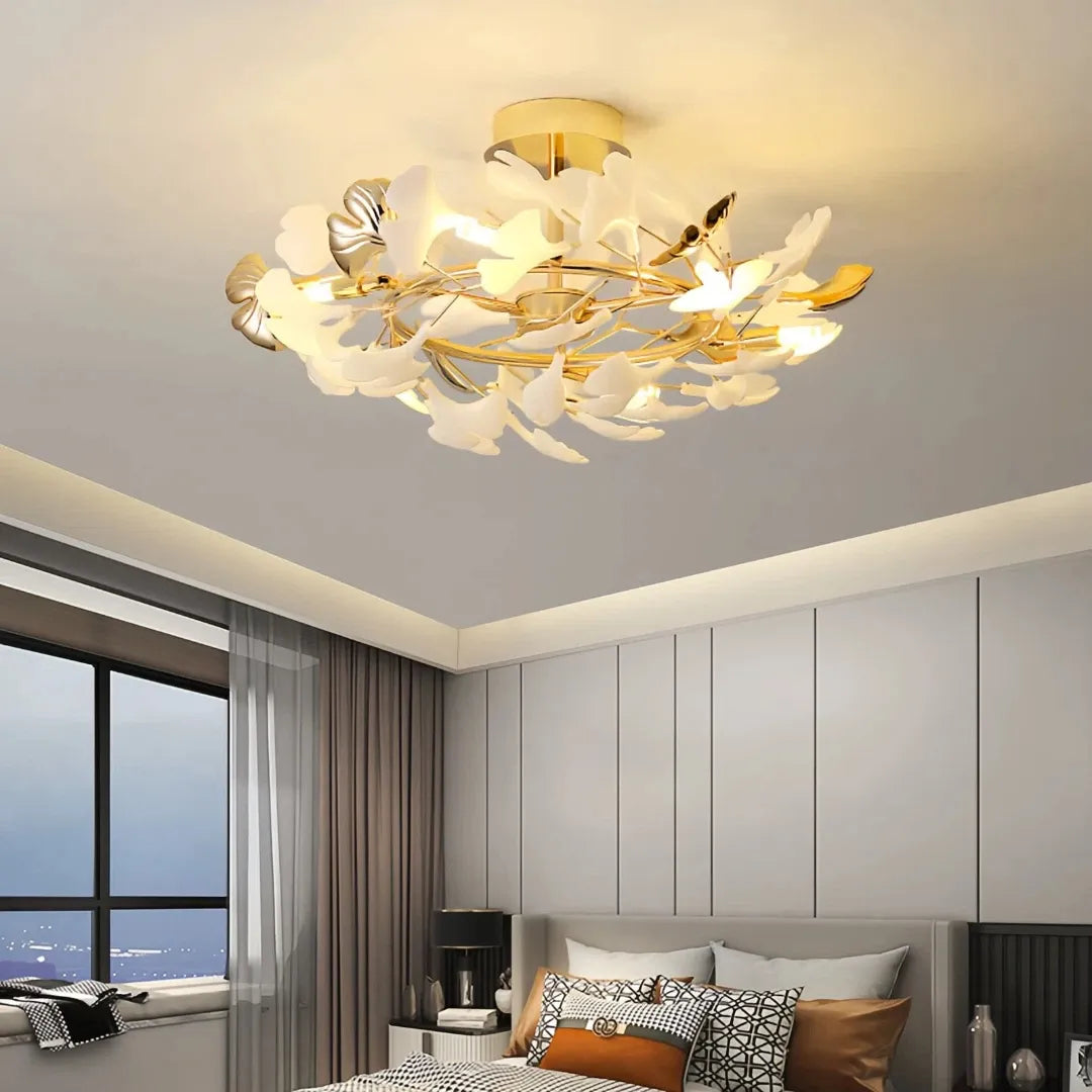 Lámpara de techo moderna de cerámica con diseño de hojas de ginkgo LED para dormitorio