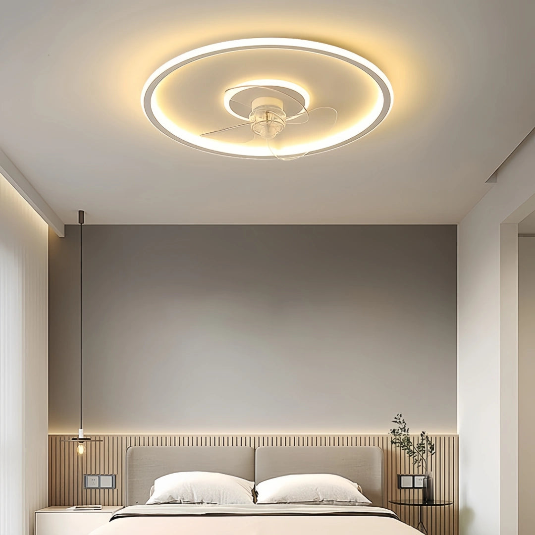 Ventilador de techo redondo con luz LED moderno función verano invierno dormitorio