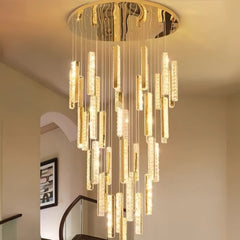 Lámpara colgante escalera larga de cristal dorado moderna led regulable