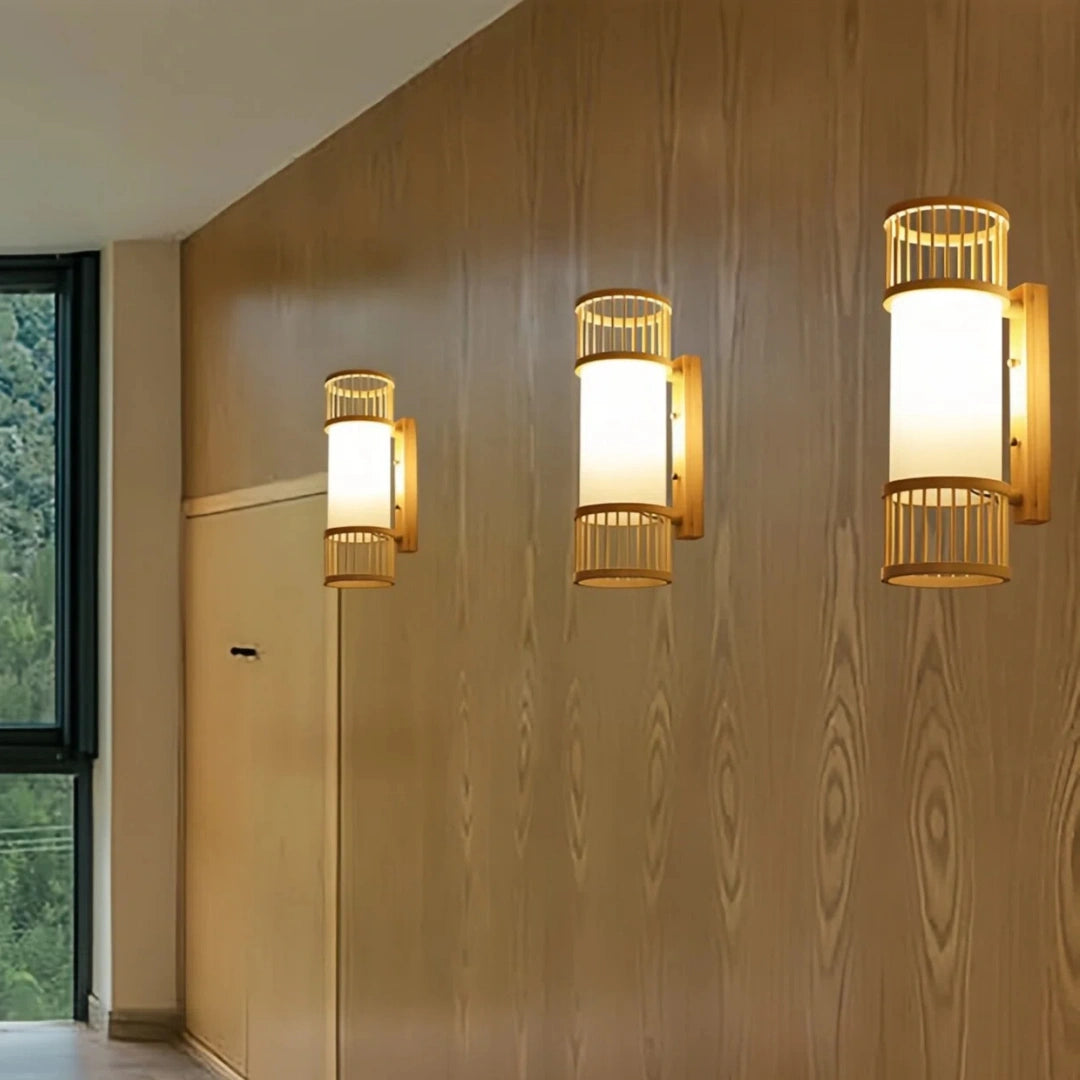 Aplique de pared de bambú estilo japonés LED tipo farol para salón