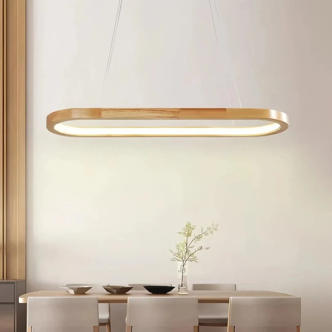 Lámpara colgante ovalada de madera nórdica con LED regulable en altura para comedor