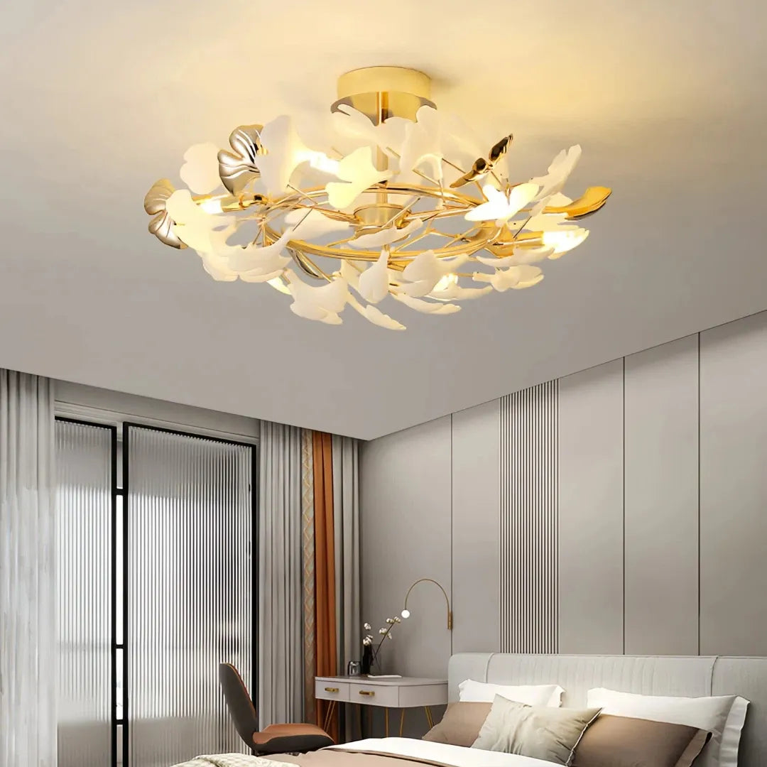Lámpara de techo moderna de cerámica con diseño de hojas de ginkgo LED para dormitorio