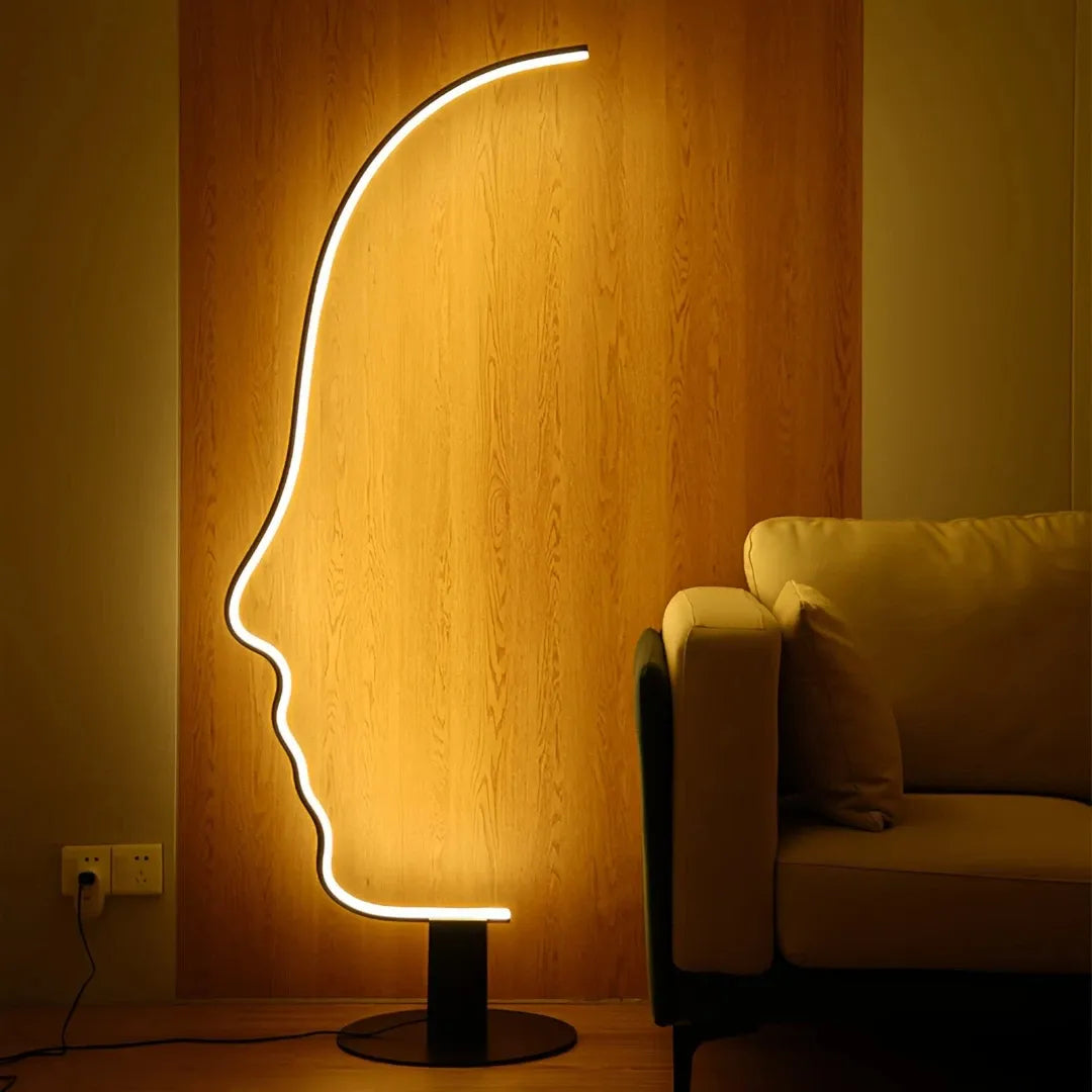 Lámpara de pie moderna negra LED regulable diseño rostro para salón