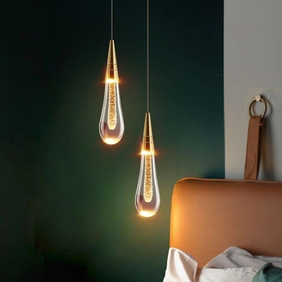Lámpara colgante de gotas de cristal dorado LED para mesita de noche