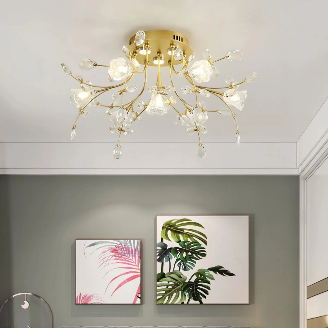 Lámpara de techo de cristal dorada con diseño floral LED de lujo para salón