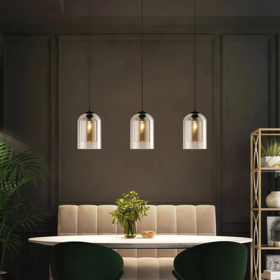 Lámpara colgante de cristal moderna regulable en altura con doble pantalla para comedor