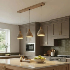 Lámpara colgante de travertino y madera, moderna y regulable en altura para comedor