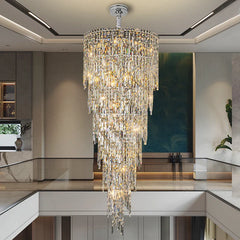 Lámpara colgante para escalera de cristal plateado grande con LED de lujo