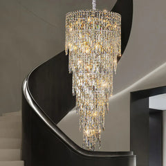 Lámpara colgante para escalera de cristal plateado grande con LED de lujo