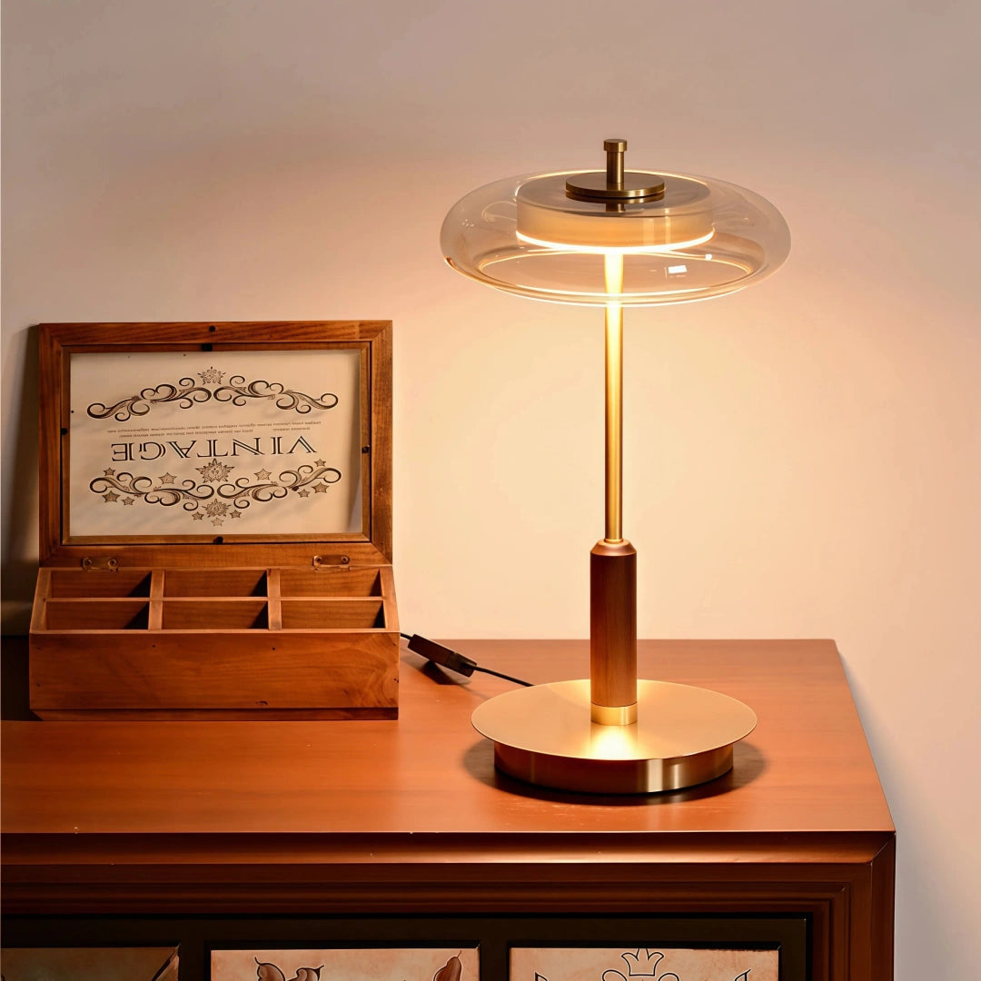 Lámpara de mesa vintage con LED, vidrio y madera de nogal para salón