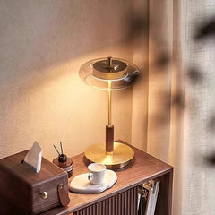 Lámpara de mesa vintage con LED, vidrio y madera de nogal para salón