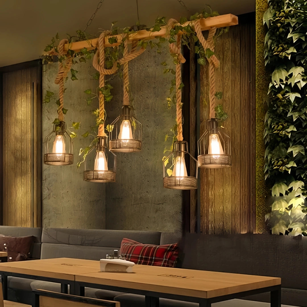 Lámpara colgante industrial de cuerda y madera para comedor