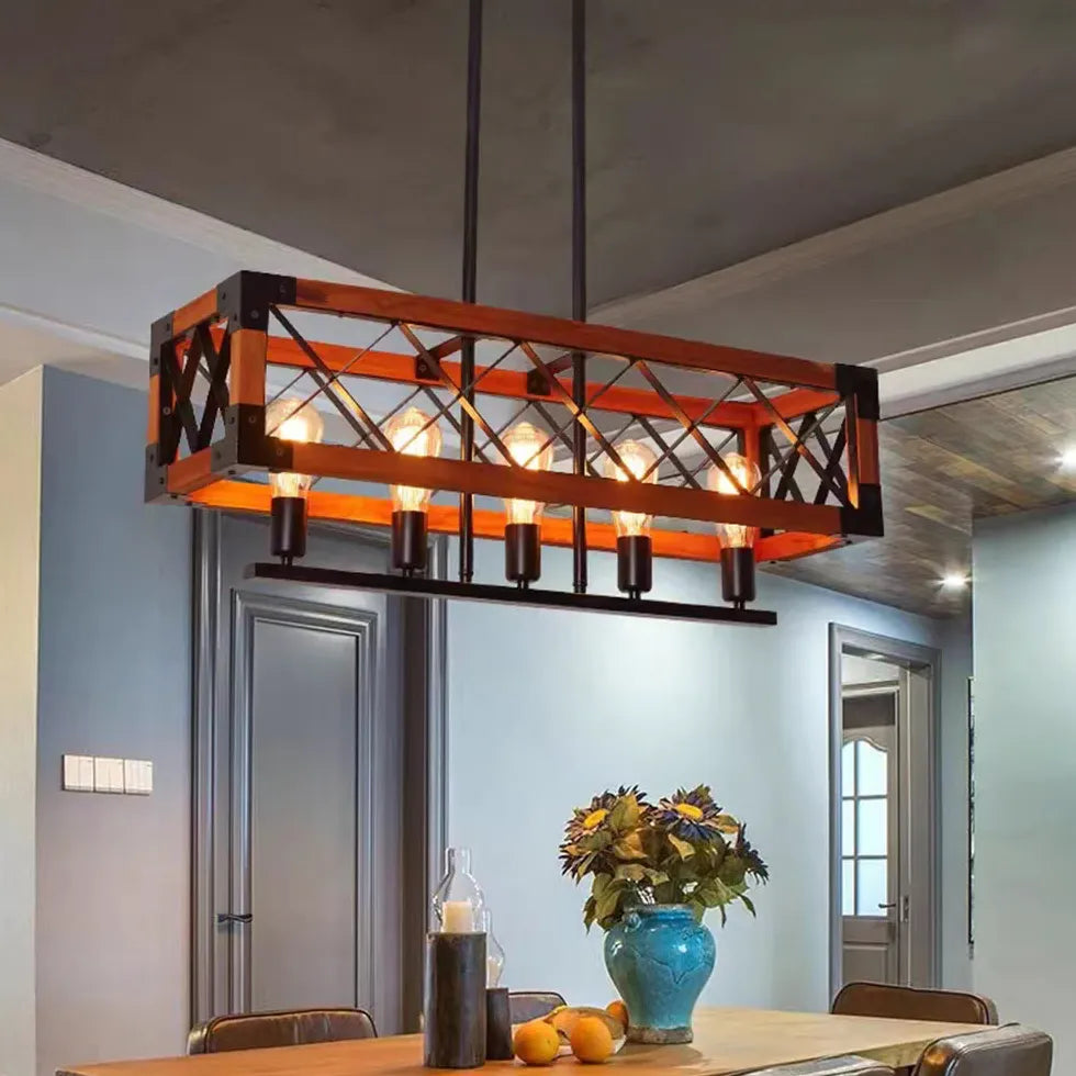 Rectangular Wooden Frame Metal Rod Dining Pendant Light