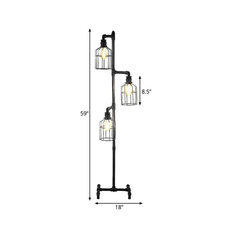 Lámpara de pie industrial con diseño de farol de tres niveles 