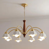 Flower-Shaped White Shade Vintage Wooden Chandelier