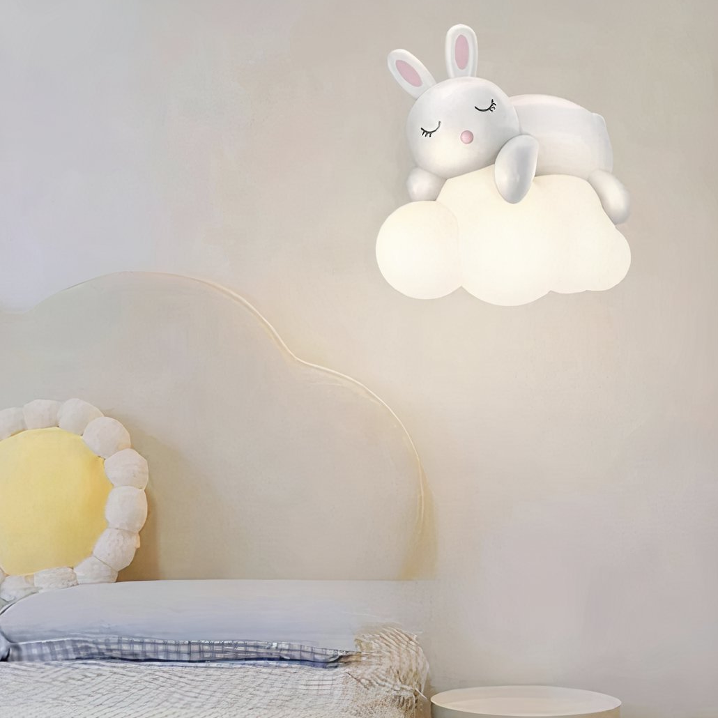 Aplique Infantil Blanco Diseño Nube con Conejo y Luz Suave Estilo Moderno