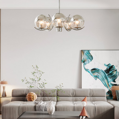 Lámpara araña de bolas de cristal LED moderna plateada para salón