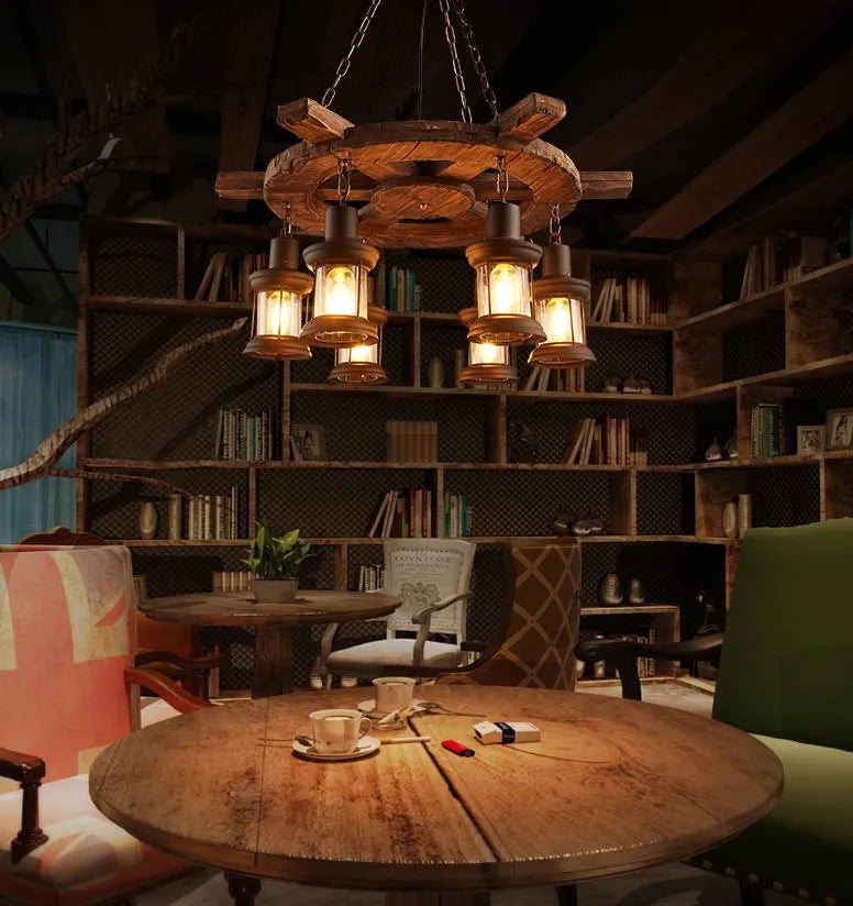 Wooden Wheel Shaped Multi-Light Industrial Chandelier