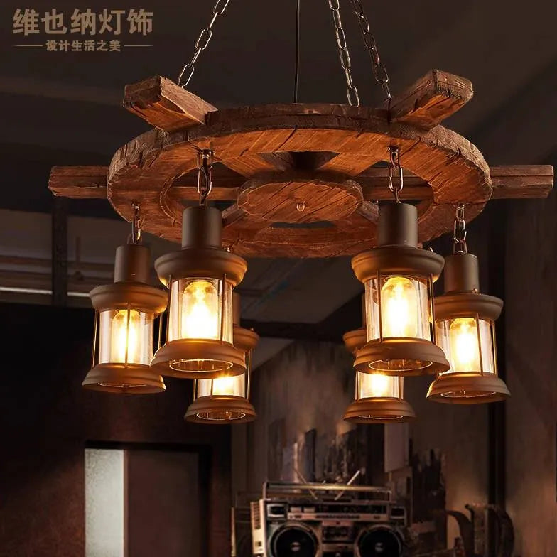 Wooden Wheel Shaped Multi-Light Industrial Chandelier