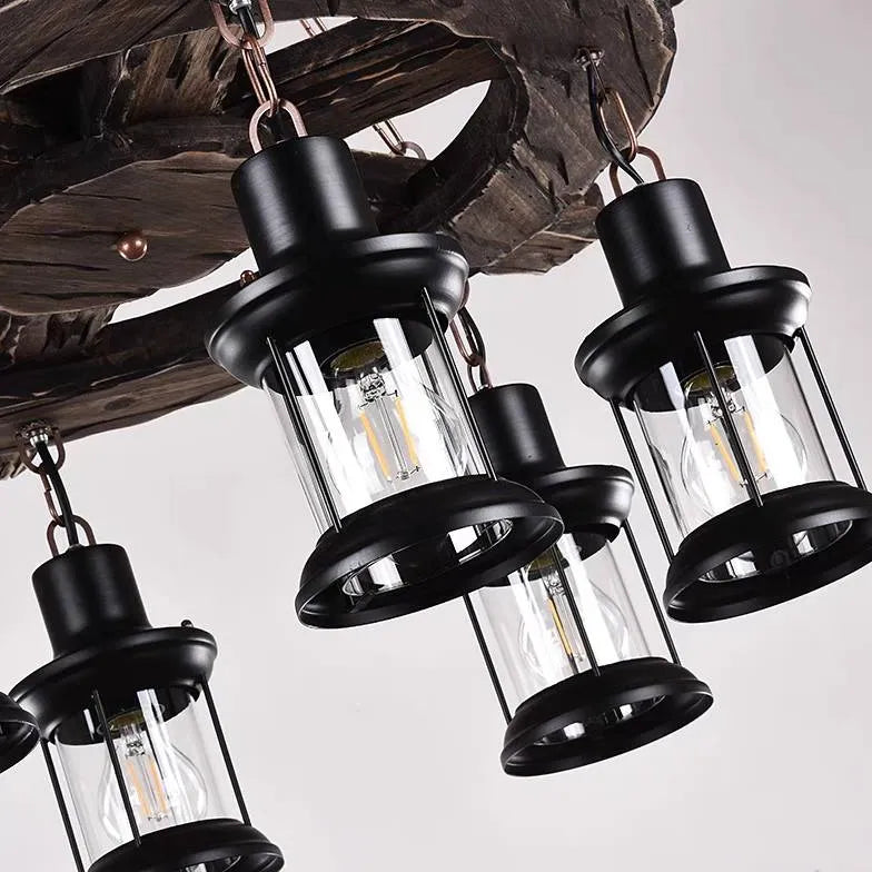 Wooden Wheel Shaped Multi-Light Industrial Chandelier