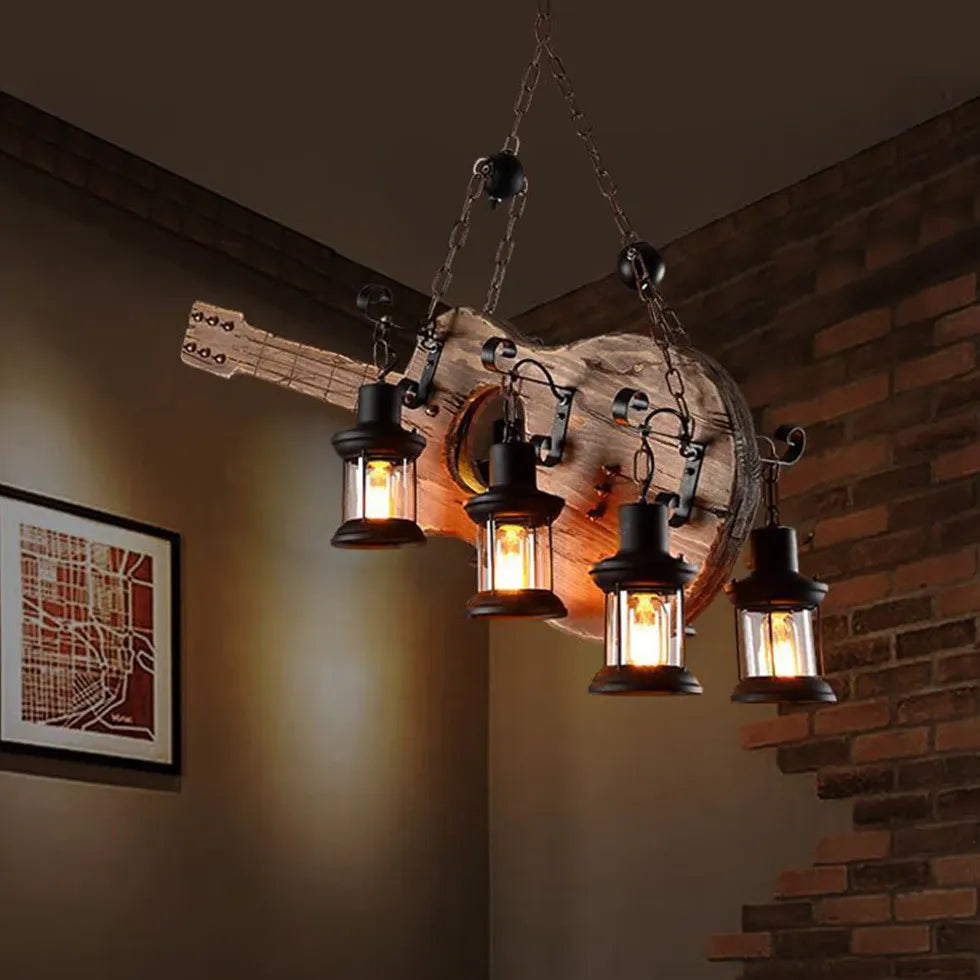 Guitar-Shaped Multi-Light Wooden Vintage Pendant Light