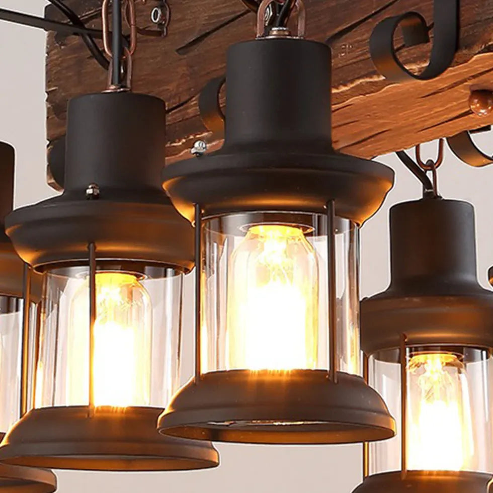 Lámpara colgante estilo farol vintage de madera con varias luces 