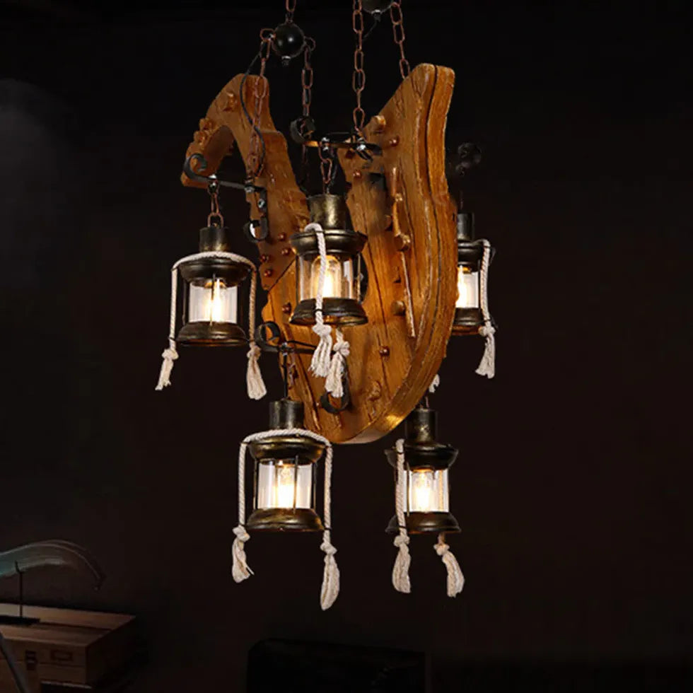 Lámpara colgante estilo farol vintage de madera con forma de ancla 