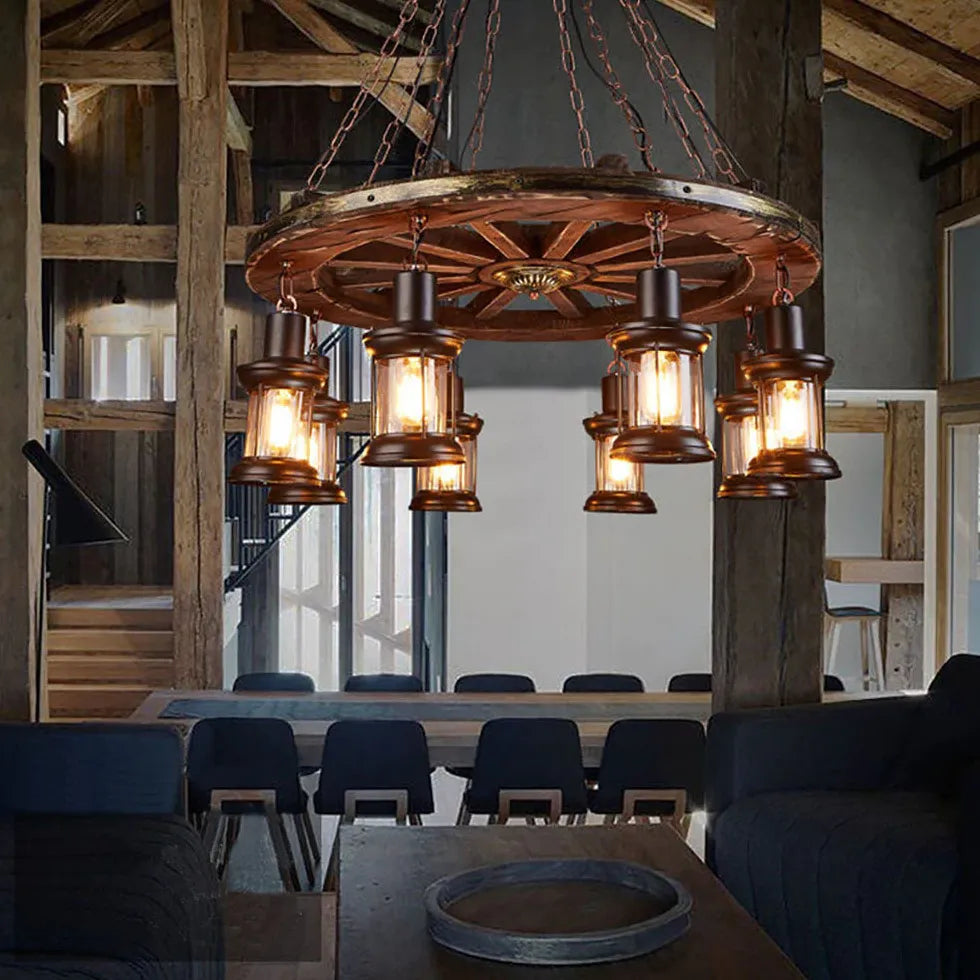 Wheel-shaped Wooden Industrial Pendant Light