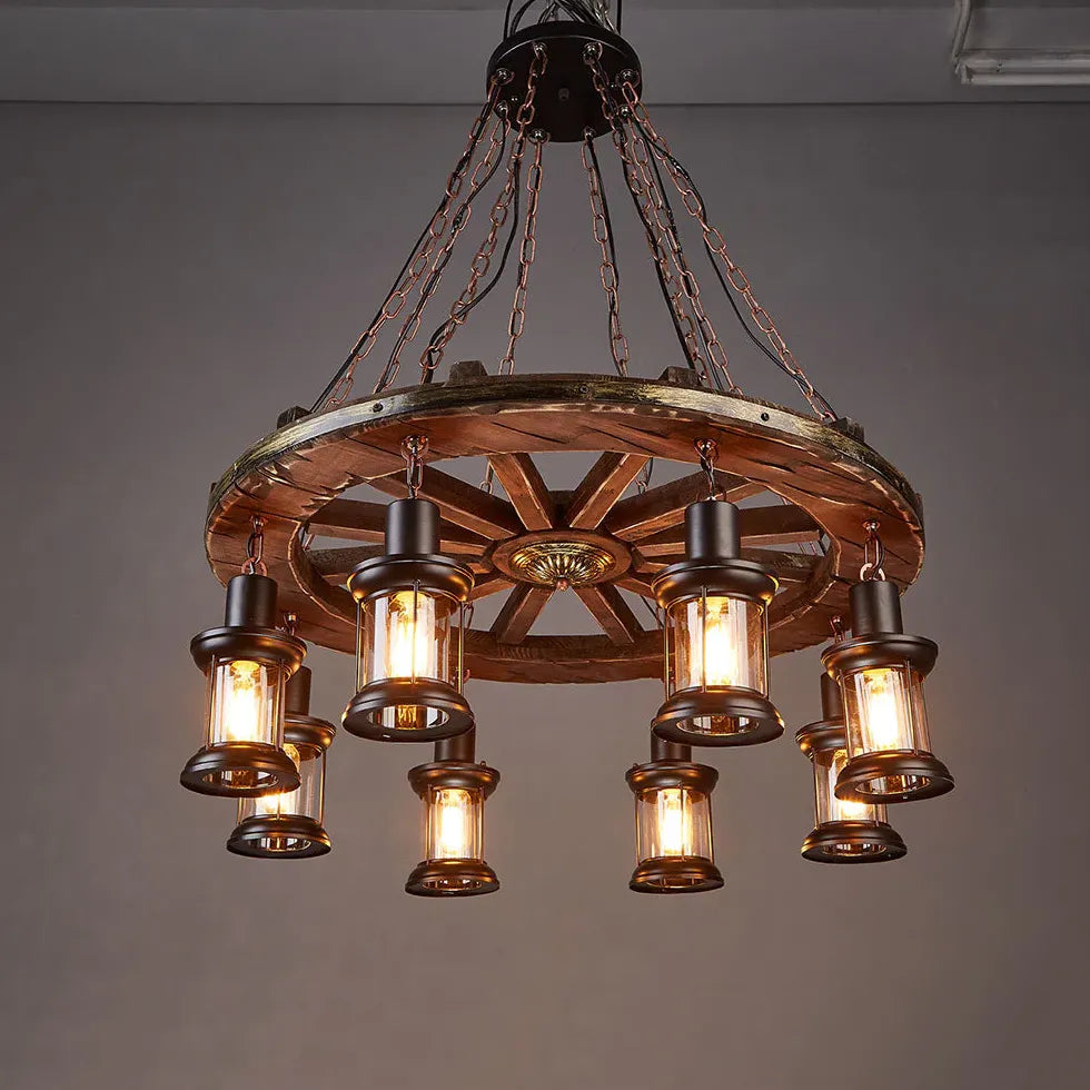 Wheel-shaped Wooden Industrial Pendant Light