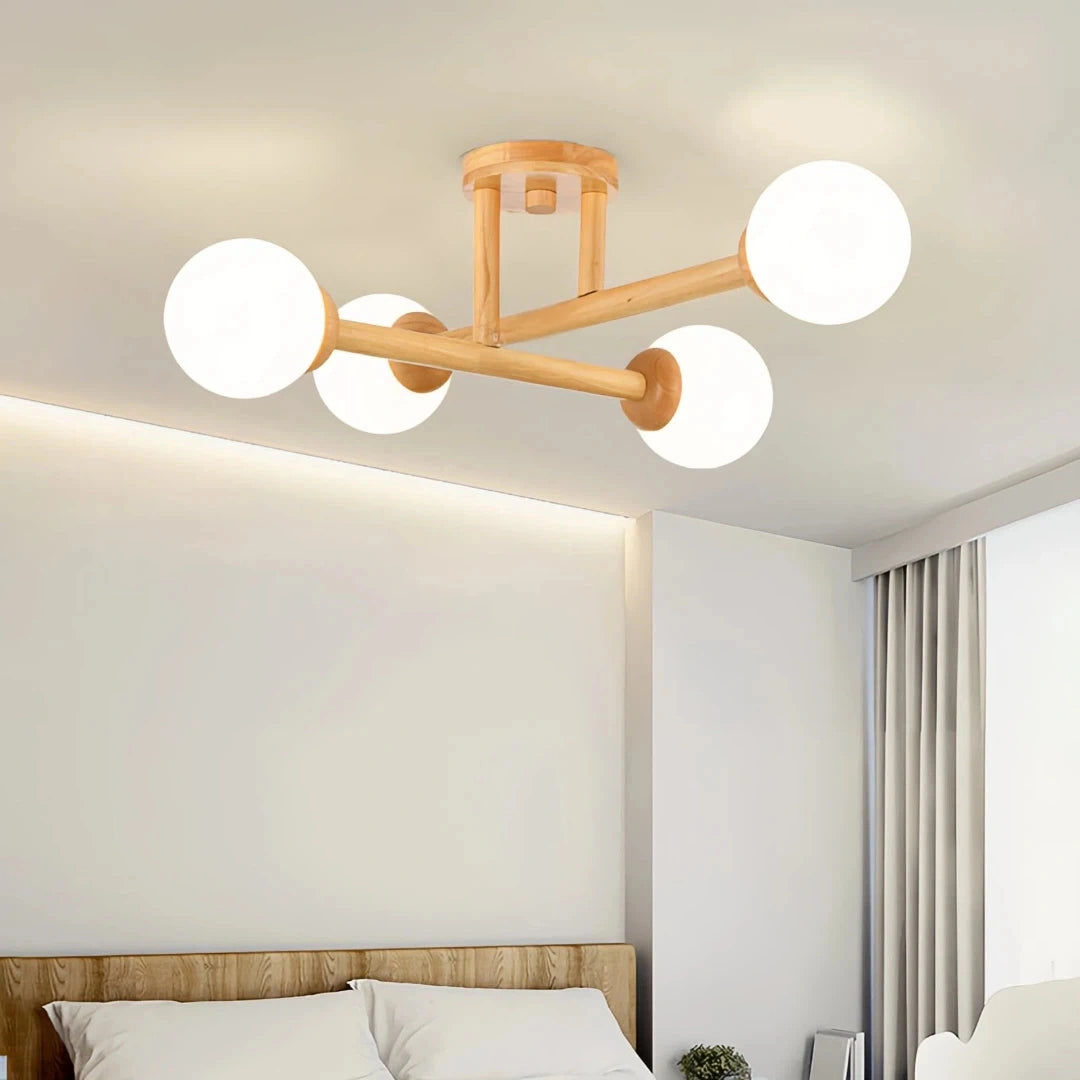 Lámpara de techo Sputnik de madera LED regulable para dormitorio, 4/6/8 luces