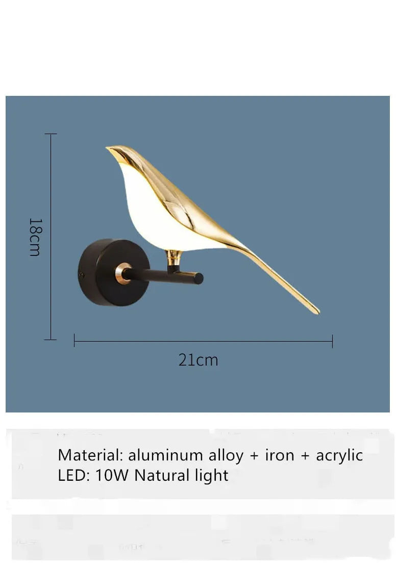 Aplique de pared para dormitorio diseño moderno en forma de pájaro