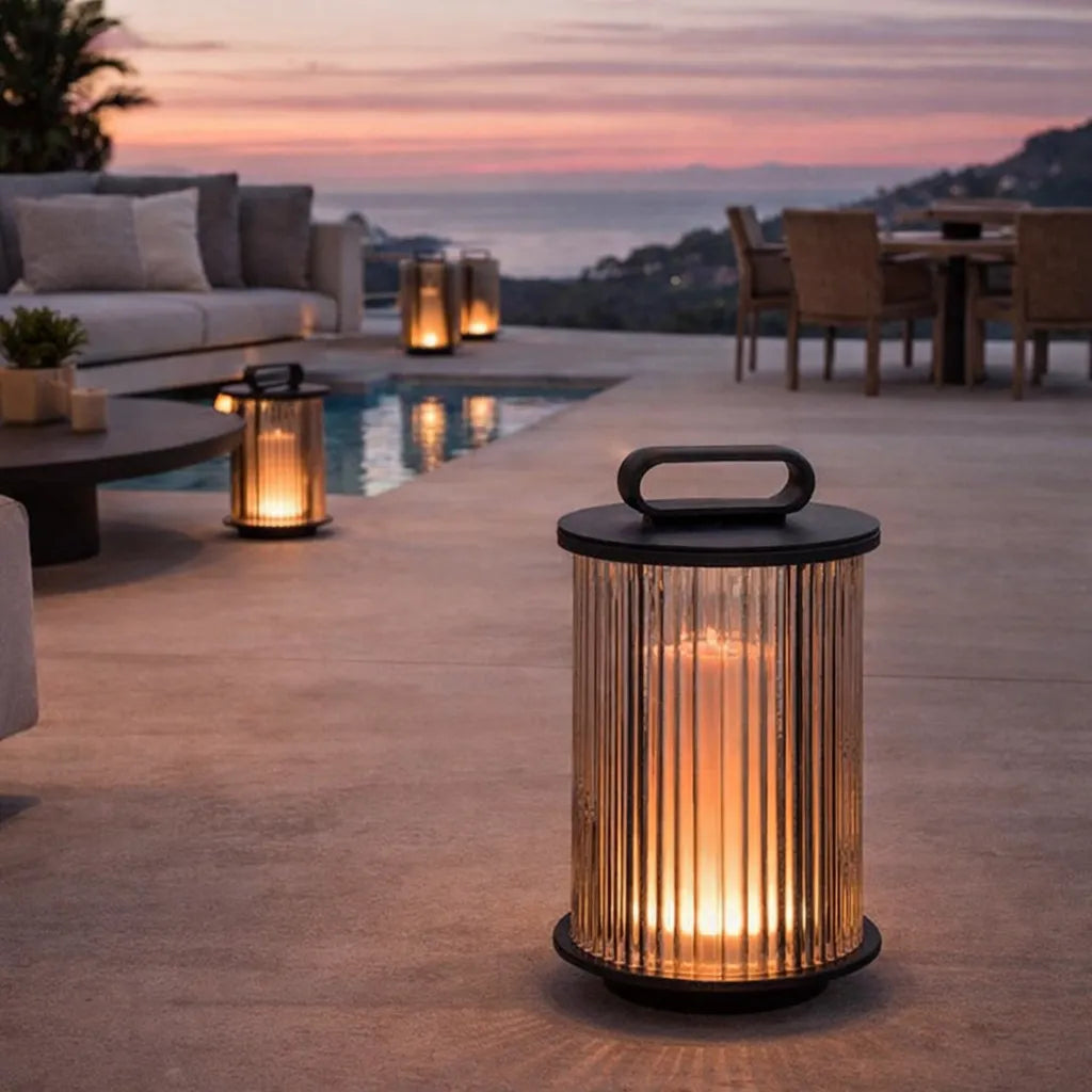 Lampara de Pie Solar Exterior Moderna Portatil de Vidrio Farol para Terraza