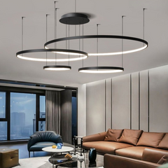 Lámpara Colgante Multiple de Anillos de Metal Negro LED para Salon Moderno