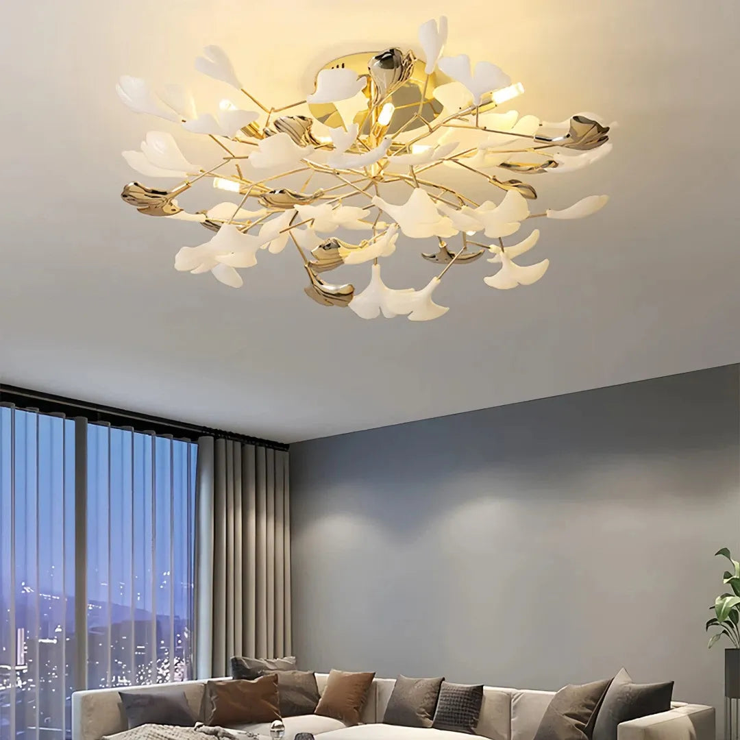 Lámpara de techo moderna de cerámica con diseño de hojas de ginkgo LED para dormitorio